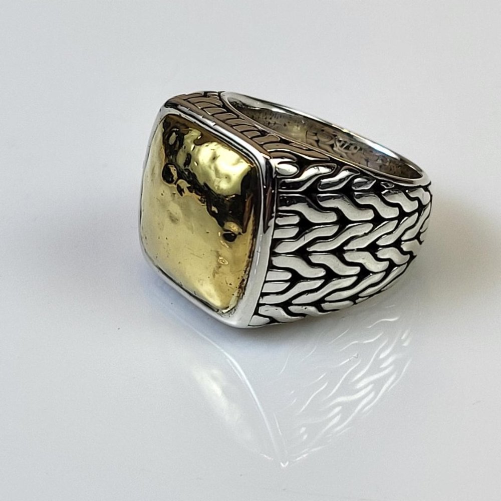 Classic John Hardy Sterling Silver & 22K Gold Square "Palu" Ring - size 9.5